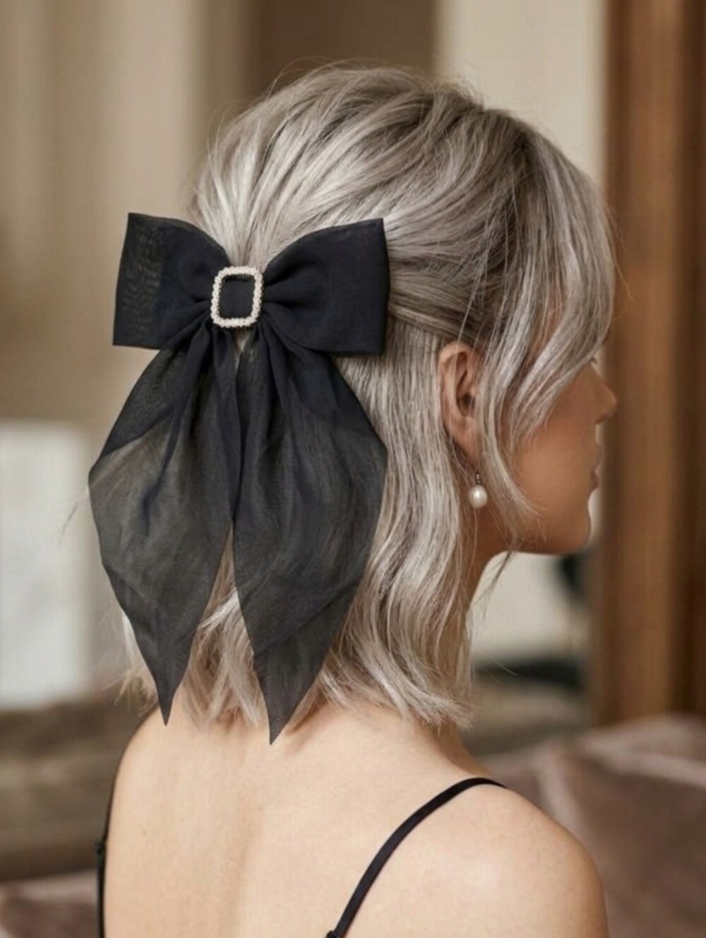 Black Sheer Bow Hair Clip with A Rhinestone Style Buckle